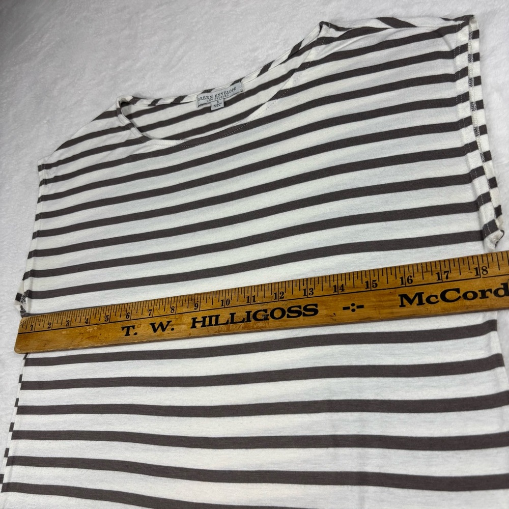 GREEN ENVELOPE Timeless Classic Top Brown Stripe Shirt Cap Sleeve USA Minimalism - Picture 10 of 11